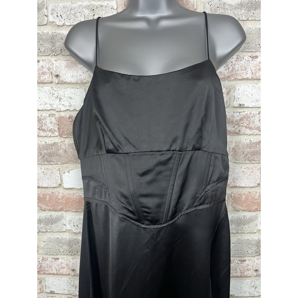 JASON WU Black Satin Corset Boning Bustier‎ Front Slit Midi Zip Dress L - Picture 2 of 13